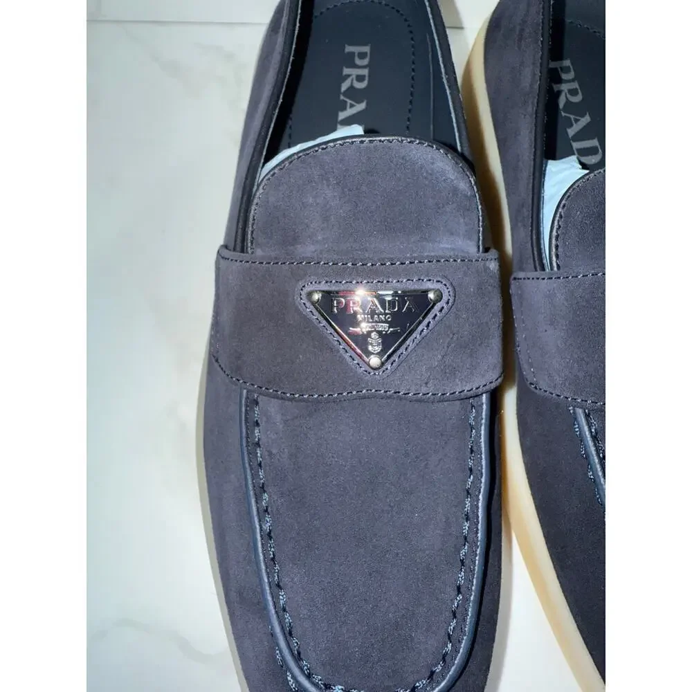 Prada Triangle Logo Suede Loafers Navy Blue 37.5